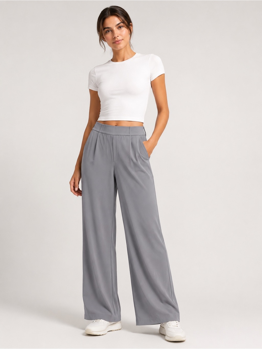 Halara High Waisted Wide Leg Work Pants Gray Stretch Pull-On XL